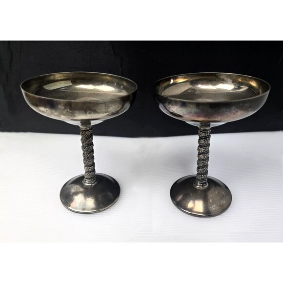2 Vintage Roma S.L. Champagne Goblets Spain Twisted Grapevine Stem Silver Plate - Picture 1 of 14